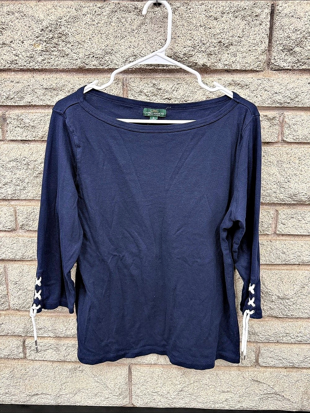 Lauren Ralph Lauren LRL Navy Blue Boat Neck Lace Up Sleeve Top XL